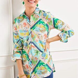 Talbots Button-Up Modern Classic Shirt Summer Vista Novelty Print Vacation XLP